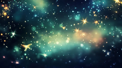 Colorful starry sky with glowing nebula and scattered lights.