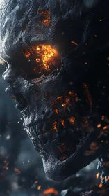 Molten-eyed skull watches embers drift through ruined night