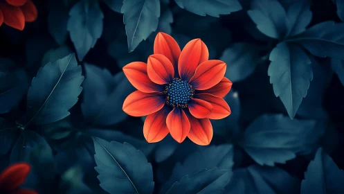 Vibrant Red Flower Against Deep Blue Foliage in Moody Garden