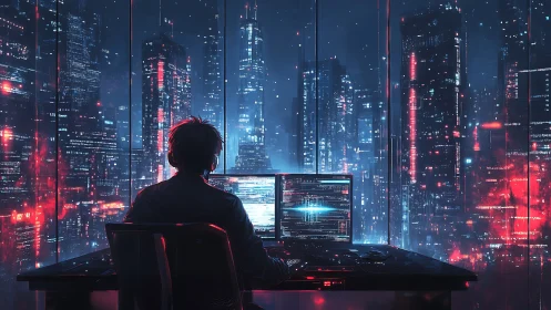 Lone hacker surveils neon skyline from glass-walled tower.