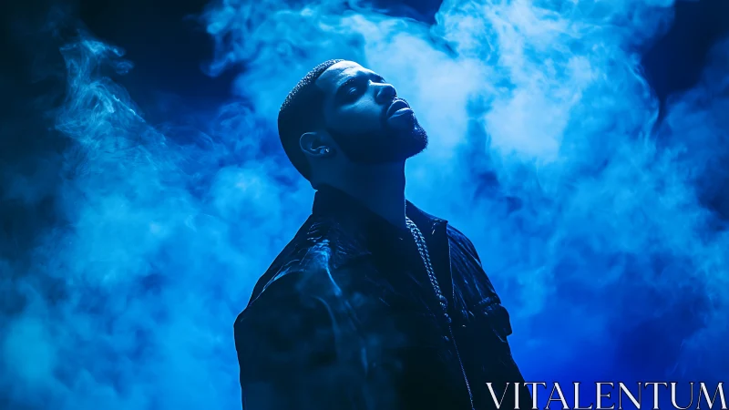 Moody blue portrait captures a reflective man in swirling light