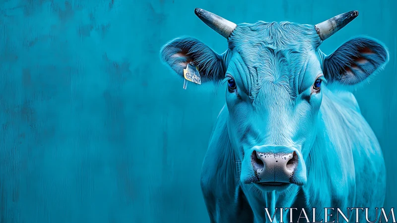 Icy-blue bovine stares down a turquoise painted universe.