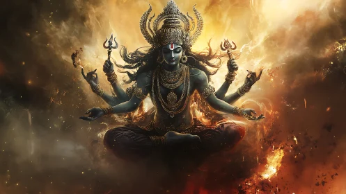 Fiery divine figure meditates in swirling cosmic power