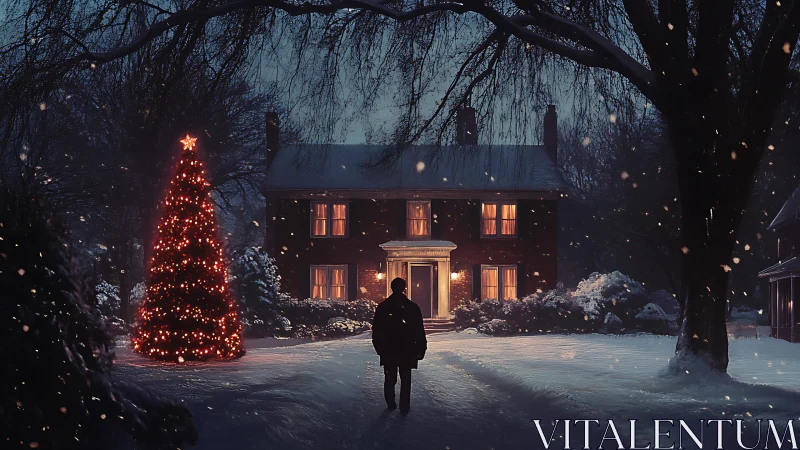 Snowy evening house with lit tree and lone figure outdoors.