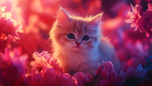 Digitally rendered fluffy cat surrounded by neon pink and blue flowers.