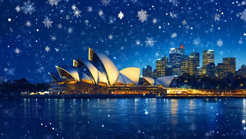Sydney Opera House skyline under stylized winter snowfall
