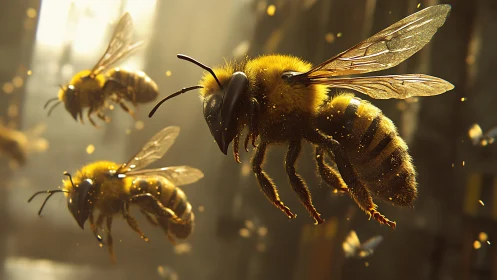 Golden bees in midair, drifting through sunlit dust motes.