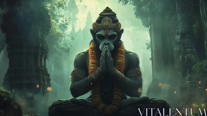 Divine simian yogi in misted jungle temple environment.