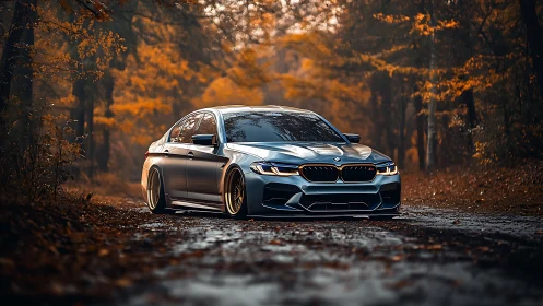 Lowered performance sedan on wet forest road under warm bokeh light