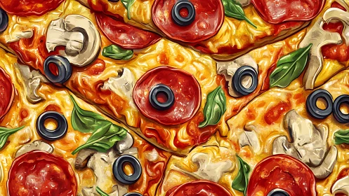 Cheesy pepperoni pizza slices loaded with colorful toppings.