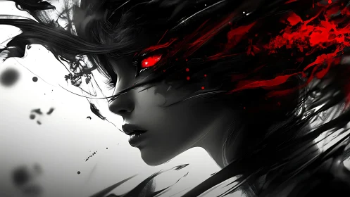 Dark digital portrait with crimson energy and glowing eyes.