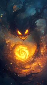 Dark fiery spirit circling a bright swirling energy vortex.