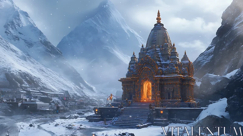Illuminated Himalayan mandir under glacial alpine snowfall.