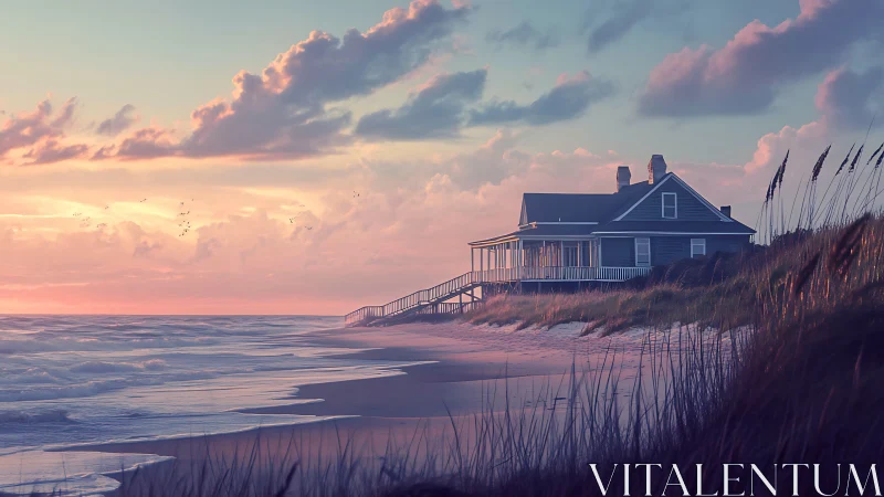 Quiet seaside cottage wrapped in soft pastel twilight light.