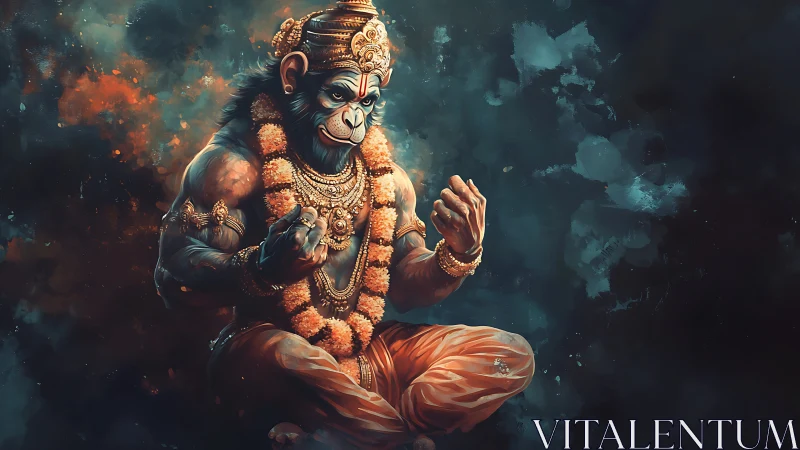 Majestic monkey warrior in calm, glowing meditation pose.