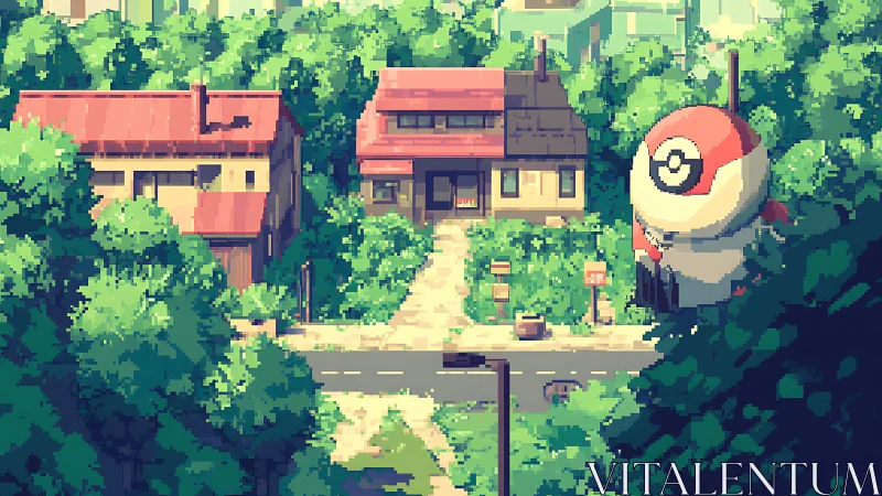 Pixel summer suburb with houses and large ball drone.