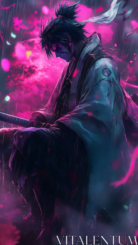Solitary samurai kneels in neon storm of petals and rain