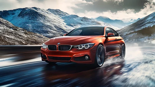 Sporty red coupe powers along a wet alpine highway at speed.