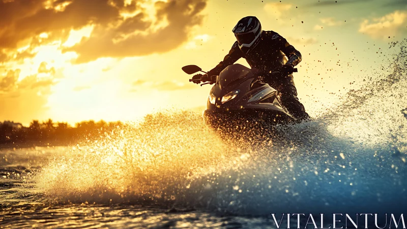 Jet ski rider cuts through golden sunset waves in motion.