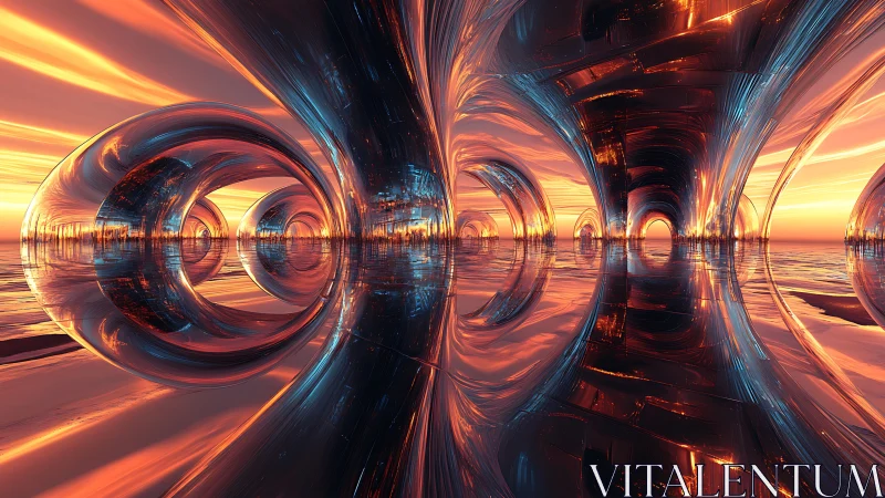 Futuristic mirrored tunnels reflect blazing sci fi sunset sky