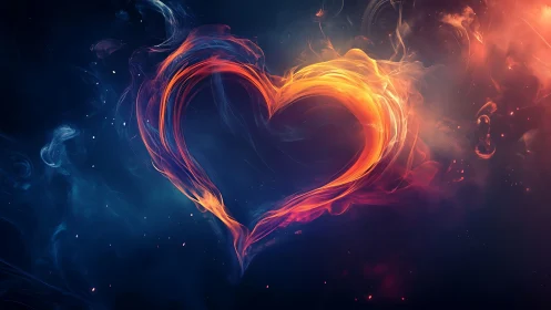 Glowing heart shape rendered with orange and blue fire effects.