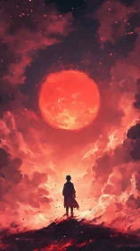 Lonely wanderer studies a blazing crimson world above