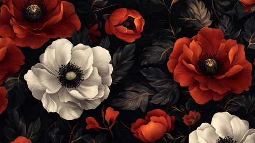 Layered poppy florals with high contrast chiaroscuro shading on black