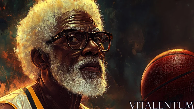 Elderly basketball player in dramatic chiaroscuro portrait.