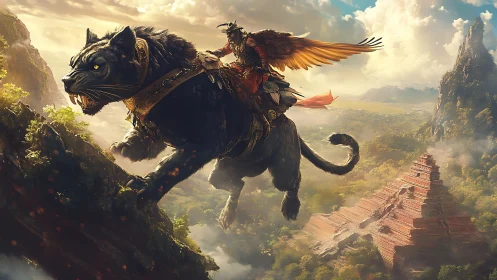Fantasy digital painting of winged rider on armored panther.