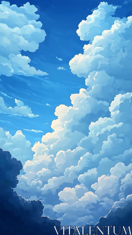 Towering stylized cumulus clouds against bright blue sky.