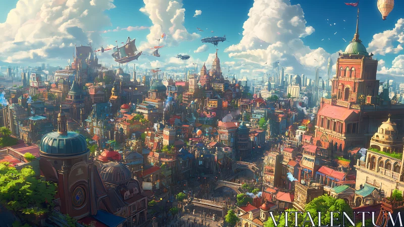 Dense steampunk skyline with hybrid airship traffic under volumetric clouds