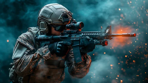 Combat soldier firing rifle amid teal smoke and sparks.