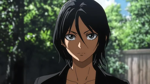 Calm anime heroine stands in a sunlit garden setting.