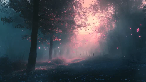 Ethereal Forest Pathway: Neon-Pink Illuminated Woodland.