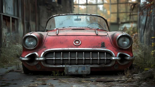 Weathered red classic car resting in a forgotten doorway.
