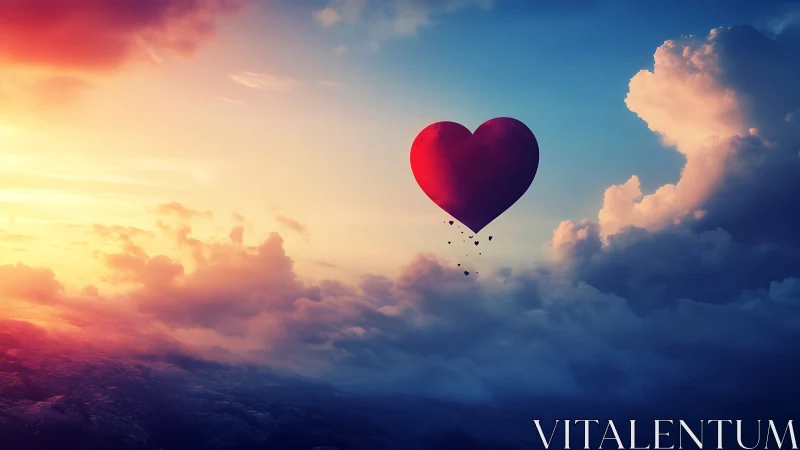 Heart-shaped hot air balloon ascending through dramatic cloud layers at sunrise.