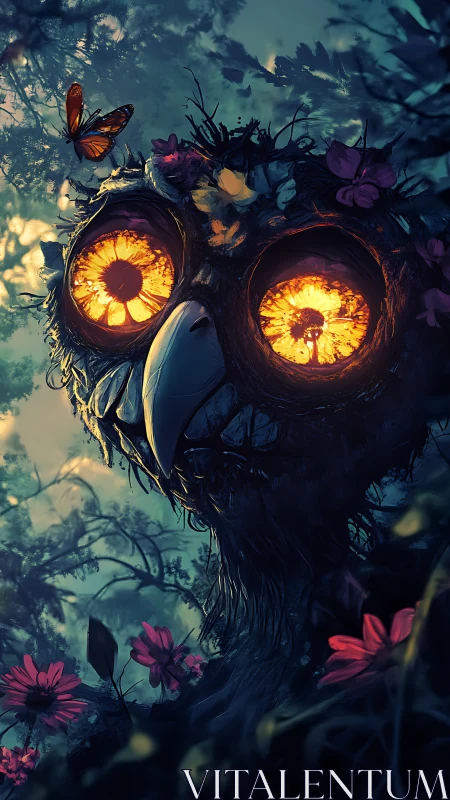 Owl-like forest creature with fiery glowing eyes at dusk