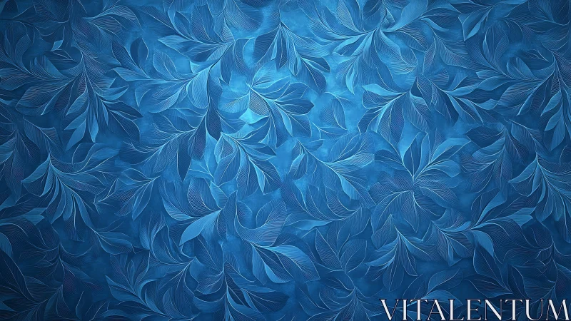 Blue botanical relief pattern with layered leaf filigree.