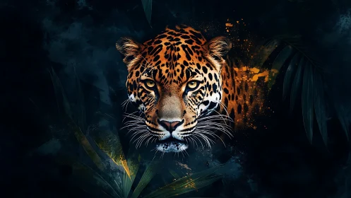 Jaguar portrait bursts through jungle shadows in neon light.