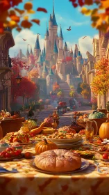 Fantasy harvest banquet before autumn castle promenade.