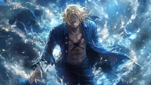 Stormlit warrior rising from swirling ocean light.