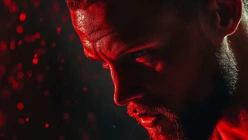 Focused male profile under intense red dramatic lighting