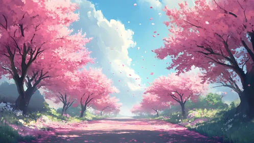 Atmospheric cherry blossom avenue under luminous cumulus sky.