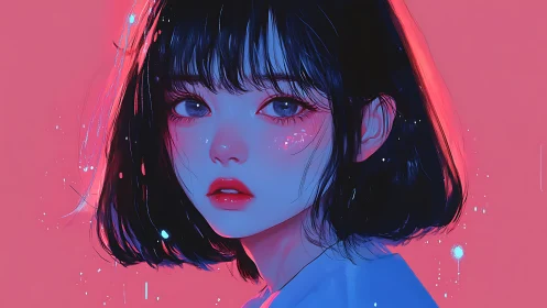 Neon-lit portrait of short-haired girl in soft cel shading.
