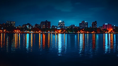 Shimmering city skyline casts colorful light across calm water