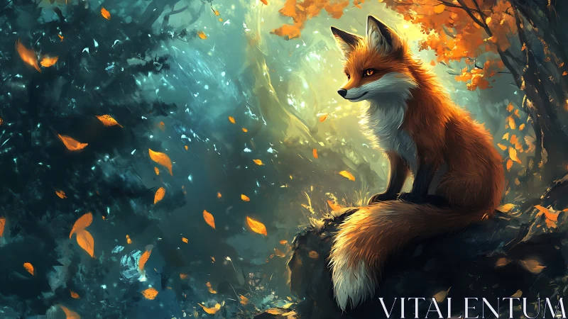 Autumn sentinel fox perched in a swirl of ember leaves.