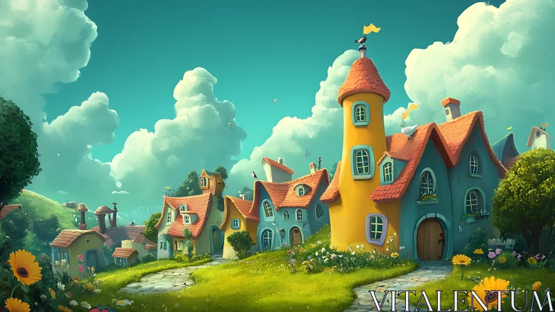 Whimsical village of curved cottages under bright clouds.