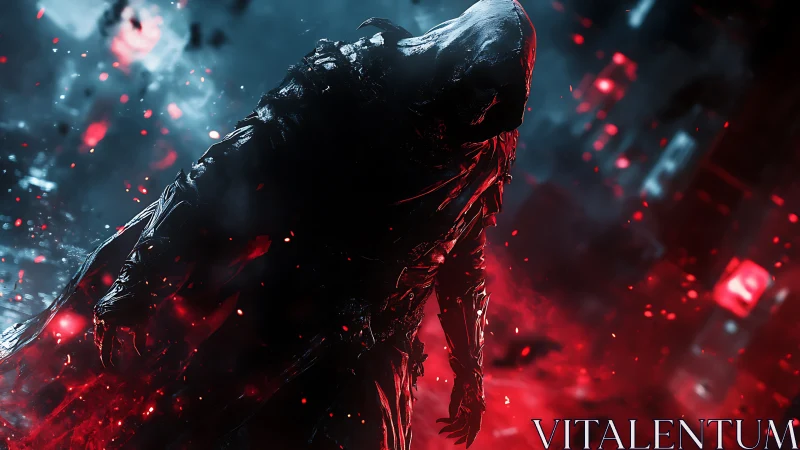 Hooded shadow entity in bifurcated red blue particle storm.