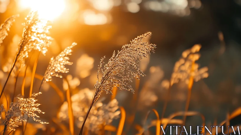 Backlit reed panicles under low-angle solar illumination.