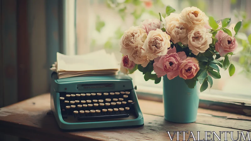 Vintage teal typewriter with pastel roses in soft window light.
